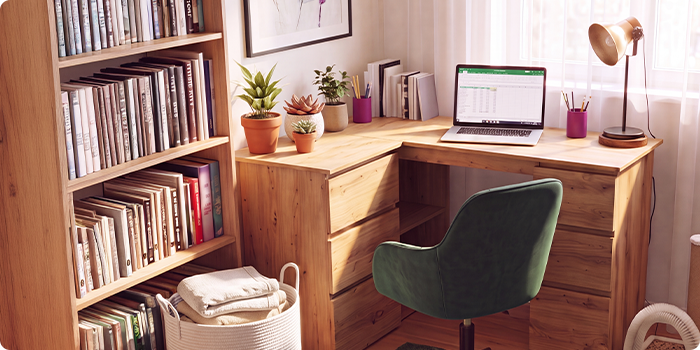 Home office with a wooden corner desk, ergonomic green office chair, laptop, bookshelf, desk lamp, and indoor plants, creating a comfortable and productive workspace for working from home.