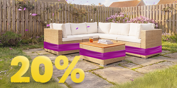 Rattan outdoor corner sofa set with beige cushions and wooden coffee table on a sunny garden patio, surrounded by flowers and wooden fence, featuring a 20% spring promotion banner.