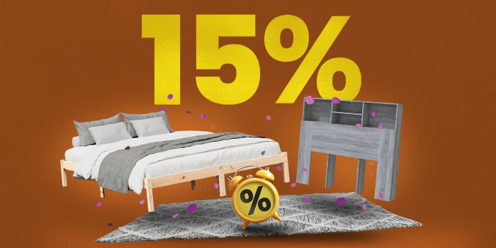 Banner showing a wooden bed, headboard, rug, and alarm clock with large yellow text '15%''.