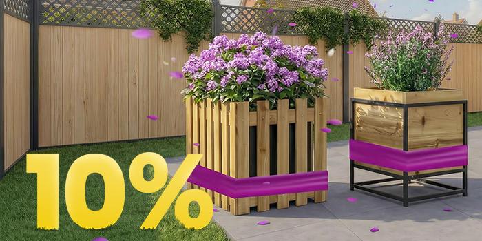 Wooden garden planters filled with blooming purple flowers on a sunny patio, with 10% discount spring promotion banner and decorative garden setting.