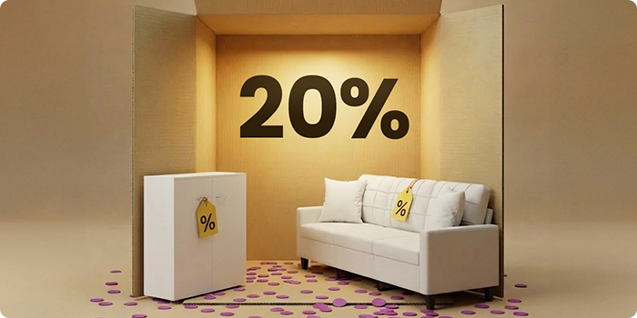 Living room setup with a white sofa and white storage cabinet arranged in a box-style scene, showing a 20% discount on living room furniture.