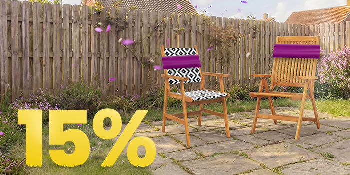 Wooden outdoor garden chairs on a sunny patio with decorative cushions, set against a wooden fence and flowers, featuring a 15% spring promotion banner.