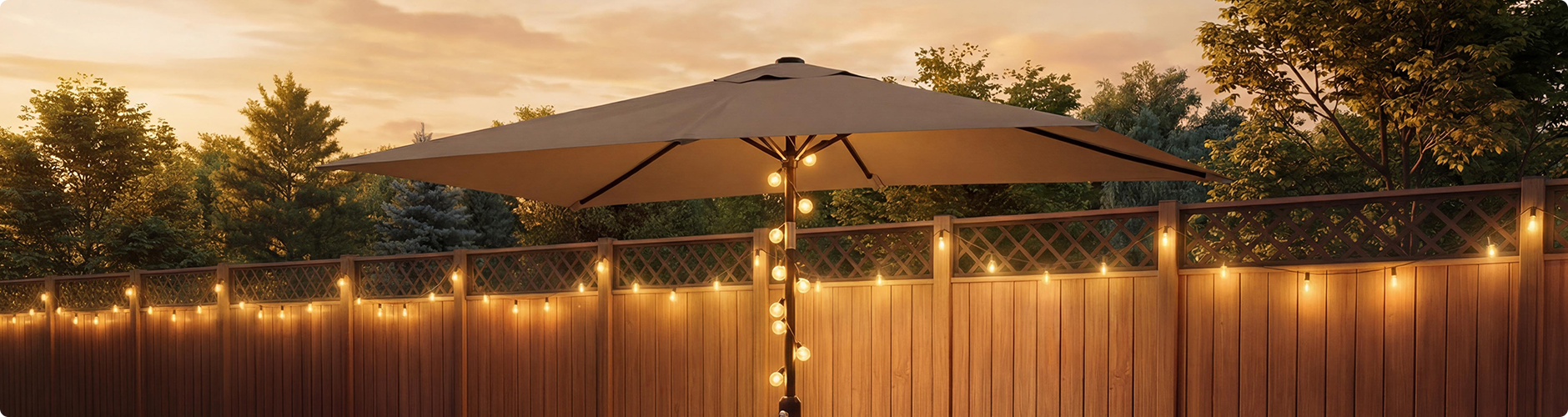 Outdoor patio umbrella with warm string lights wrapped around the pole, set against a wooden fence with lattice detailing at sunset 