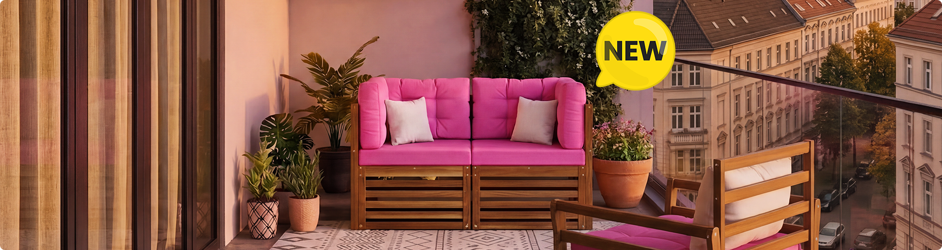 New modular balcony sofa set with bold pink cushions and solid wood frame, styled on a city balcony with plants and a glass railing, NEW badge displayed