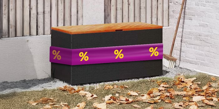 Black outdoor storage box with wooden top and purple ribbon showing discount icons, in a garden setting. Click to shop the products in the offer.