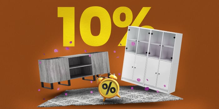 Banner showing two storage cabinets, rug, and alarm clock with large yellow text '10%'.