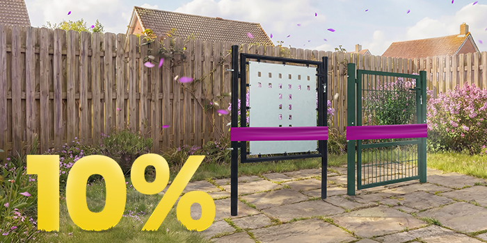 Modern metal garden gates and fence panels on a sunny patio, set against a wooden fence with blooming flowers, featuring a 10% spring promotion banner.
