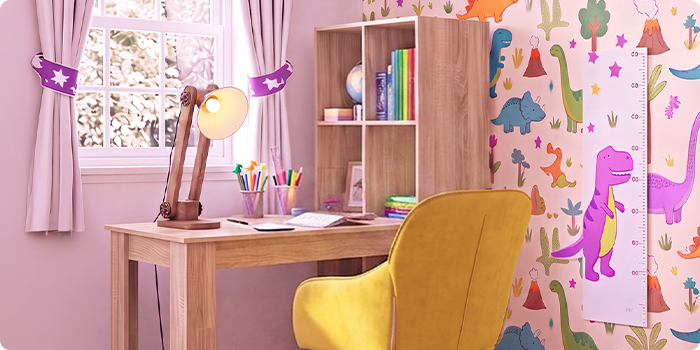 Bright children's study room with a wooden desk, ergonomic yellow chair, desk lamp, storage shelf, and dinosaur wallpaper, ideal for creating an organized and comfortable learning space at home.