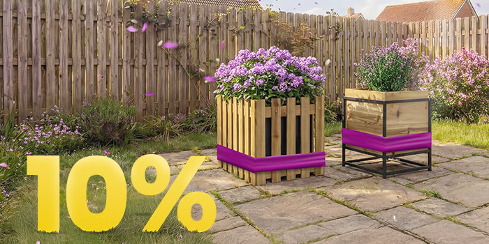 Wooden garden planters filled with blooming purple flowers on a sunny patio, with 10% discount spring promotion banner and decorative garden setting.