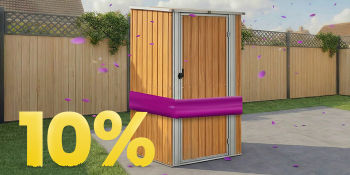 Wooden garden storage shed under a gazebo on a sunny patio, surrounded by flowers and fence, featuring a 10% spring promotion banner.