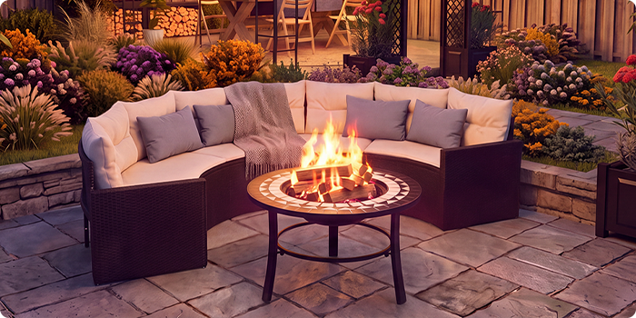 Garden lounge area with a circular fire pit and cushioned seating, set in front of a lit garden gazebo surrounded by colorful flowers and landscaped greenery at dusk.
