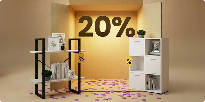 Black metal and light wood shelving with white cube storage units displayed in a box setting, promoting a 20% discount on storage furniture.