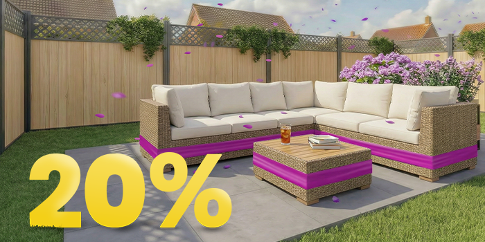 Rattan outdoor corner sofa set with beige cushions and wooden coffee table on a sunny garden patio, surrounded by flowers and wooden fence, featuring a 20% spring promotion banner.
