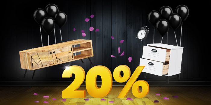 Wooden TV console and white bedside table with open drawers with black balloons in front of a bright yellow 20% sign on a dark wooden floor.