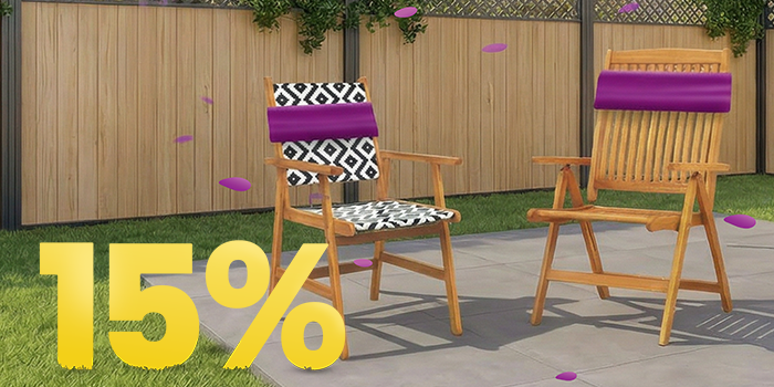 Wooden outdoor garden chairs on a sunny patio with decorative cushions, set against a wooden fence and flowers, featuring a 15% spring promotion banner.