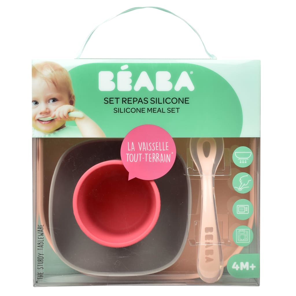 Beaba 4 Piece Silicone Meal Set Pink and Coral