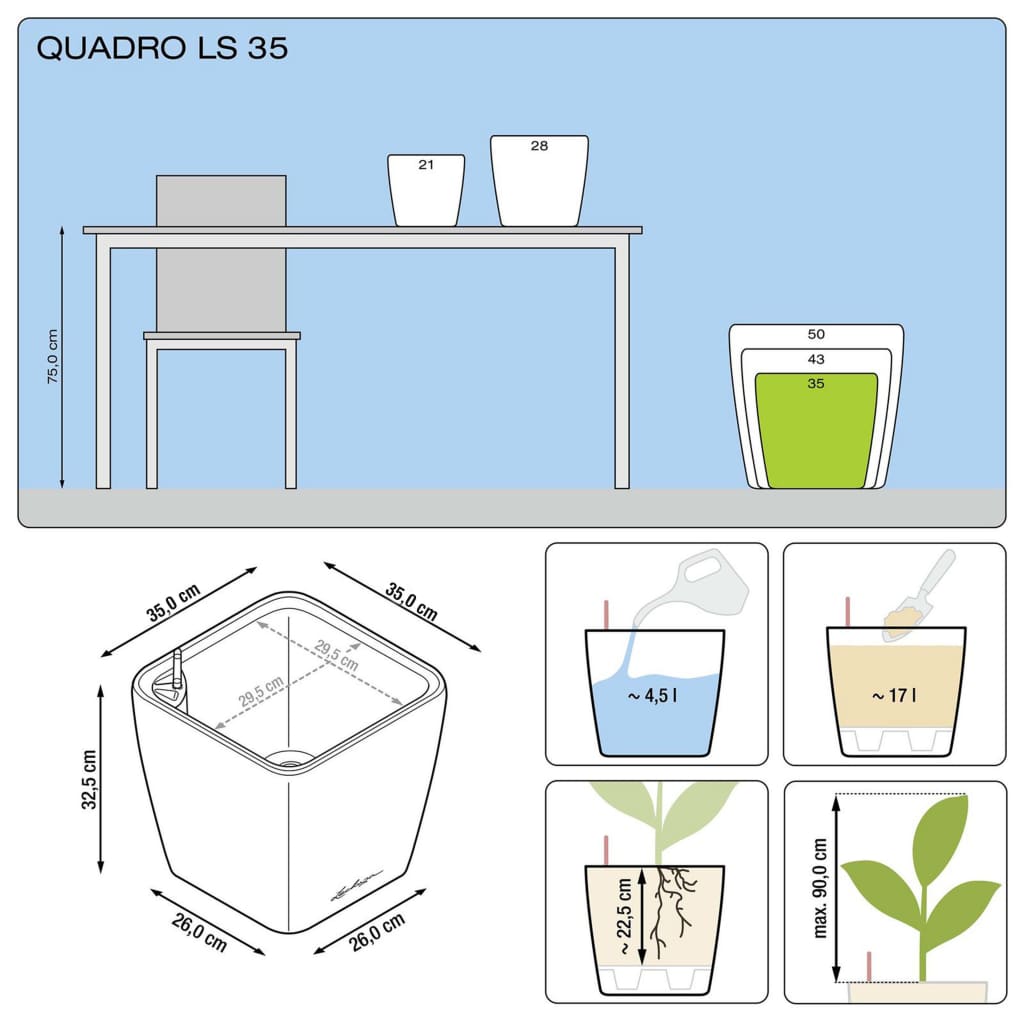 LECHUZA Planter Quadro 35 LS ALL-IN-ONE High-Gloss White 16160