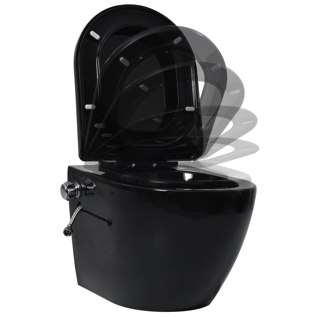 vidaXL Wall Hung Rimless Toilet with Concealed Cistern Black Ceramic