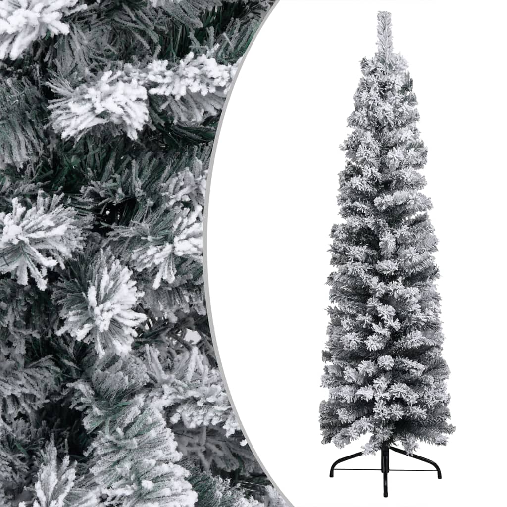 vidaXL Slim Pre-lit Christmas Tree with Flocked Snow Green 150 cm PVC