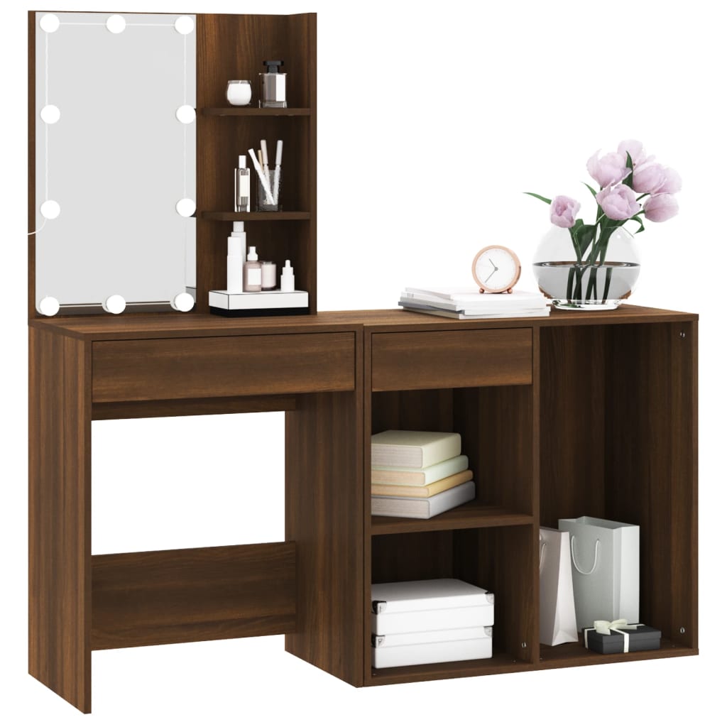 vidaXL LED Dressing Table with Cabinet Brown Oak Engineered Wood