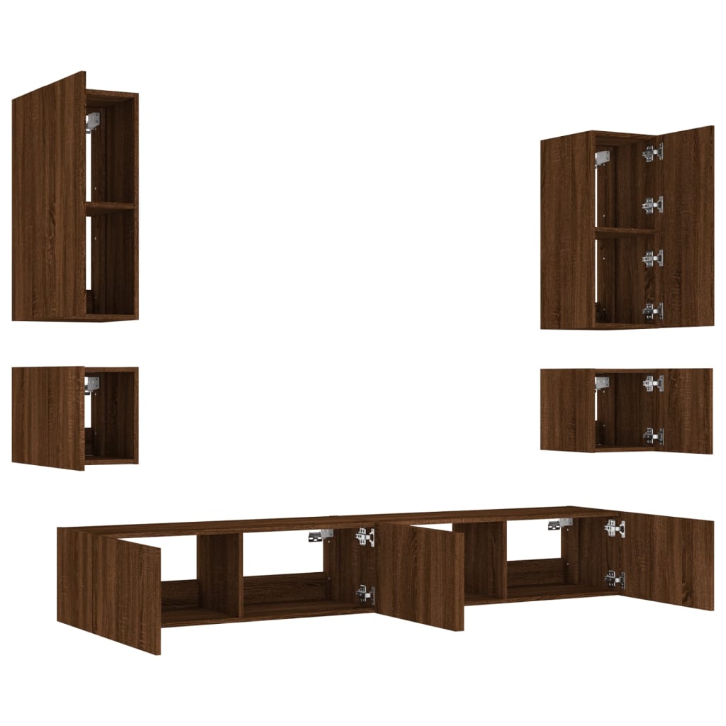 vidaXL 6 Piece TV Wall Cabinets with LED Lights Brown Oak