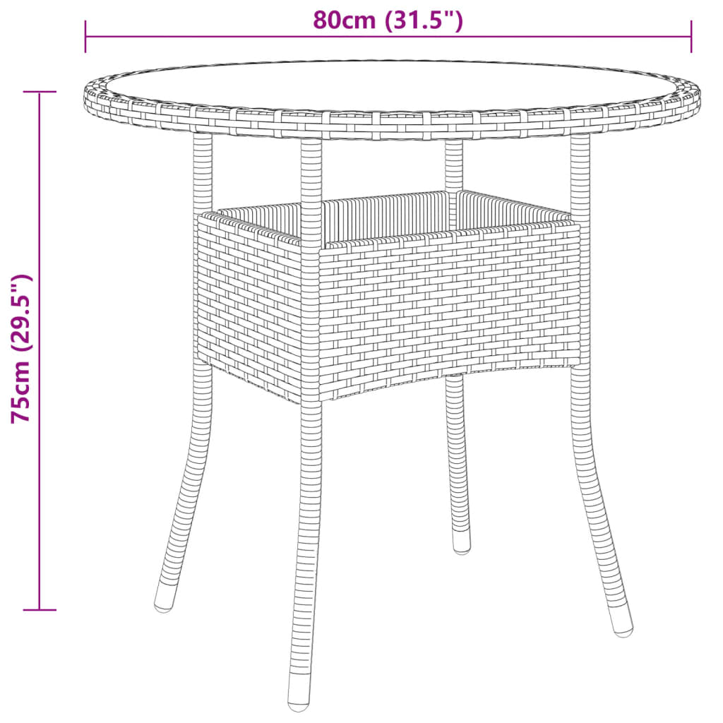 vidaXL Garden Table Ø80x75 cm Tempered Glass and Poly Rattan Brown