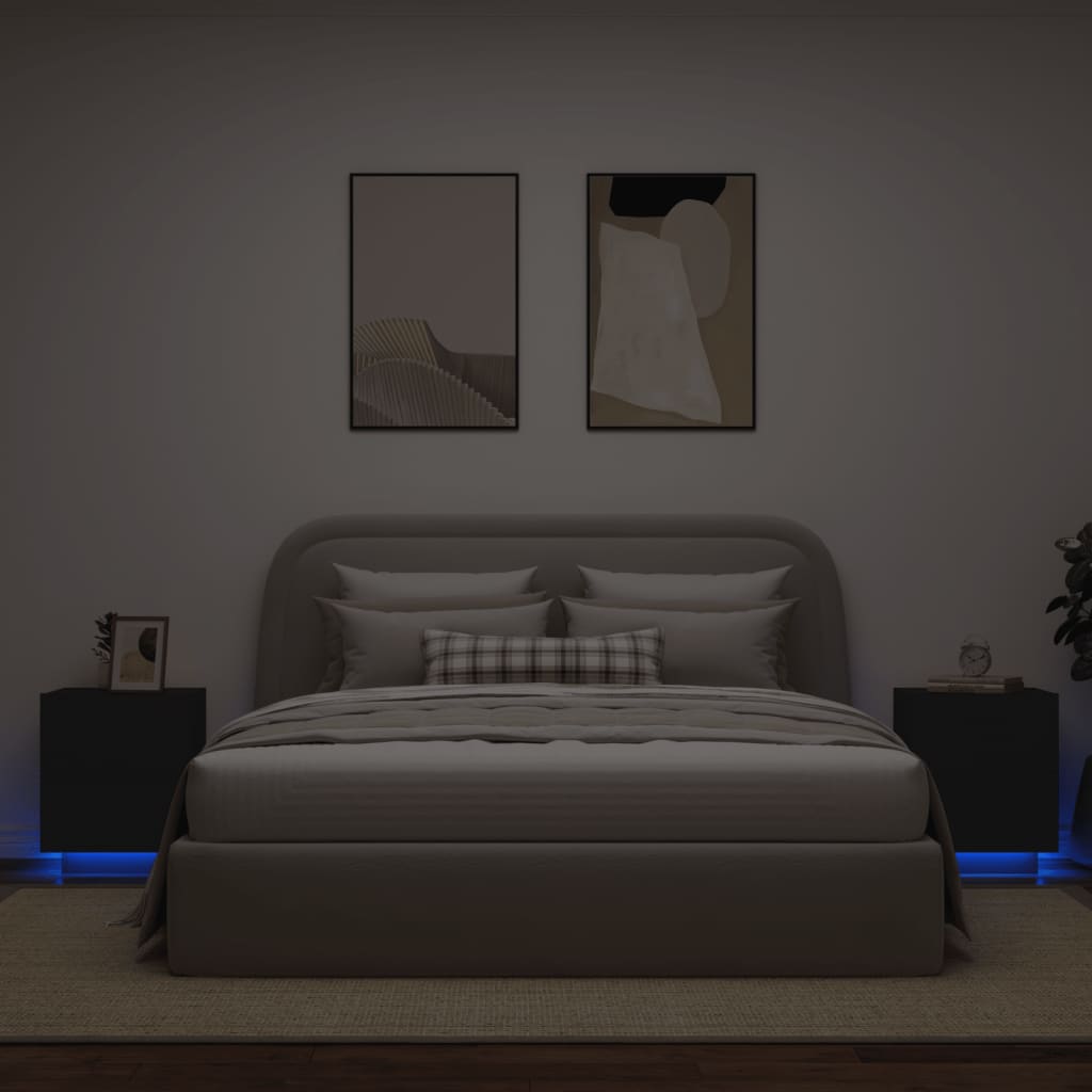 vidaXL Bedside Cabinets with LED Lights 2 pcs Black Engineered Wood