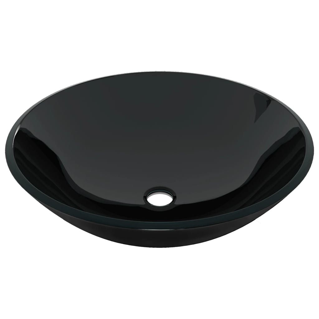 vidaXL Bathroom Sink with Tap and Push Drain Black Tempered Glass