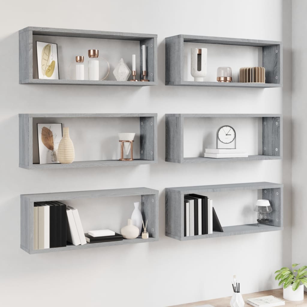 vidaXL Wall Cube Shelves 6 pcs Grey Sonoma 60x15x23 cm Engineered Wood