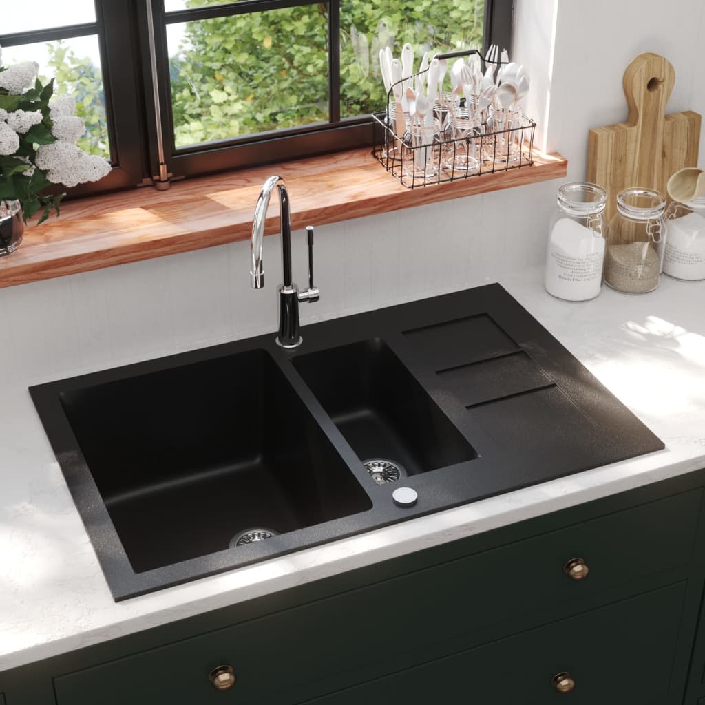 vidaXL Granite Kitchen Sink Double Basins Black