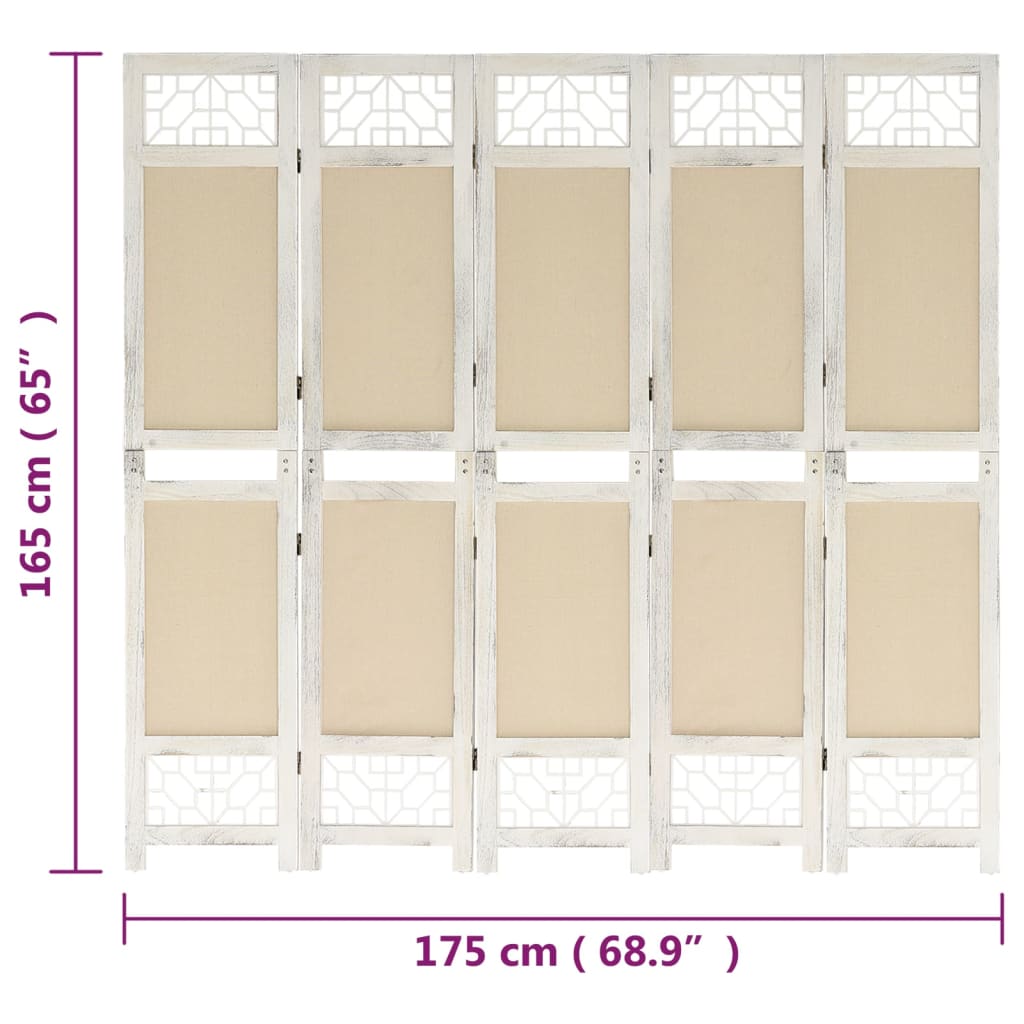 vidaXL 5-Panel Room Divider Cream 175x165 cm Fabric