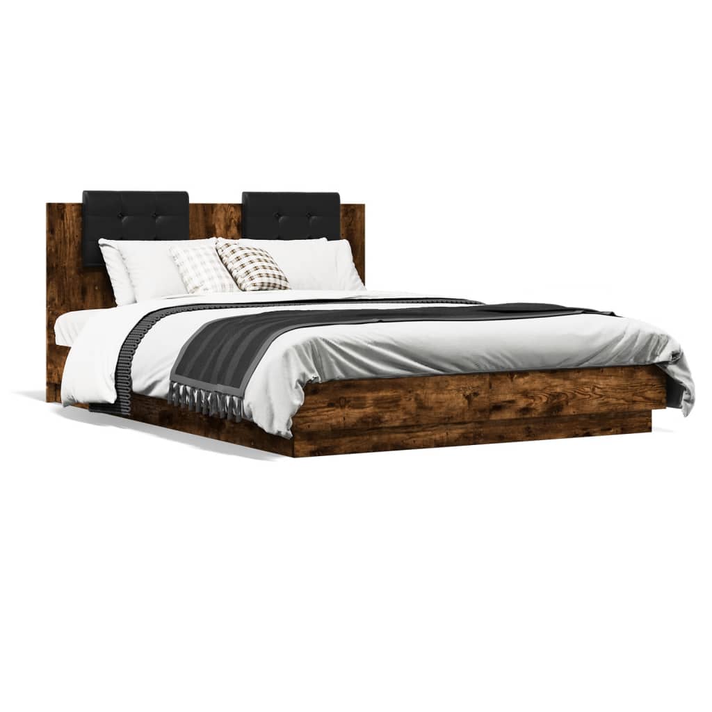 vidaXL Bed Frame with Headboard and LED Lights Smoked Oak 140x200 cm