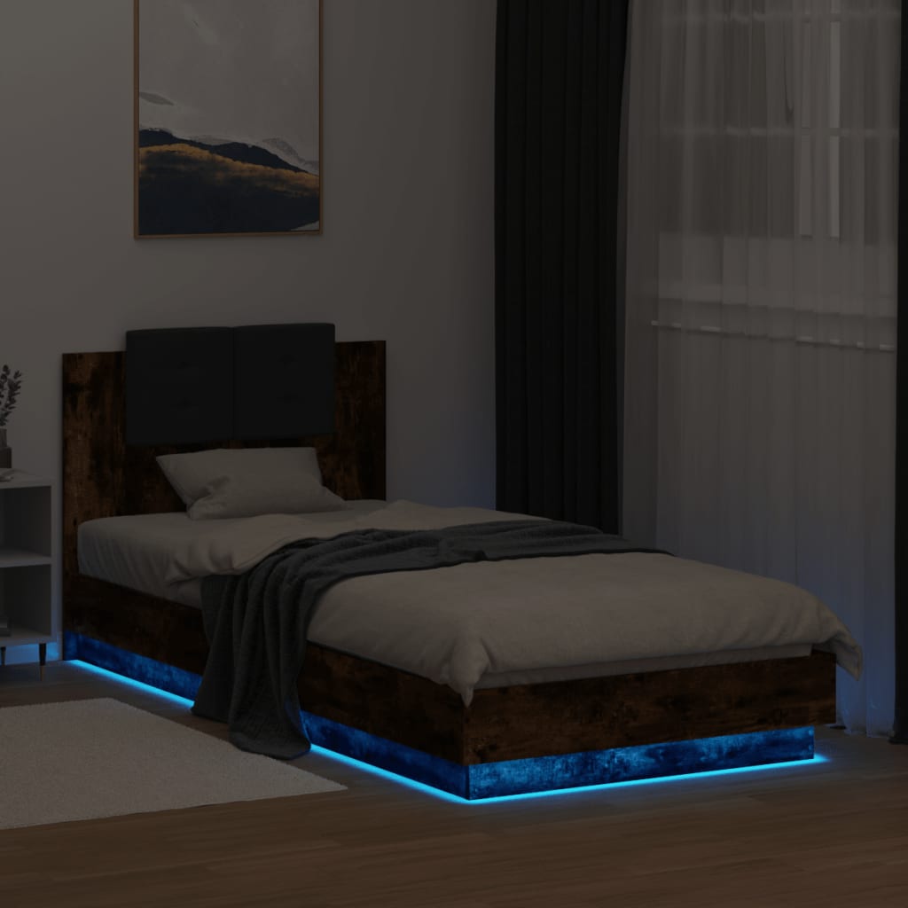 vidaXL Bed Frame with Headboard and LED Lights Smoked Oak 90x200 cm