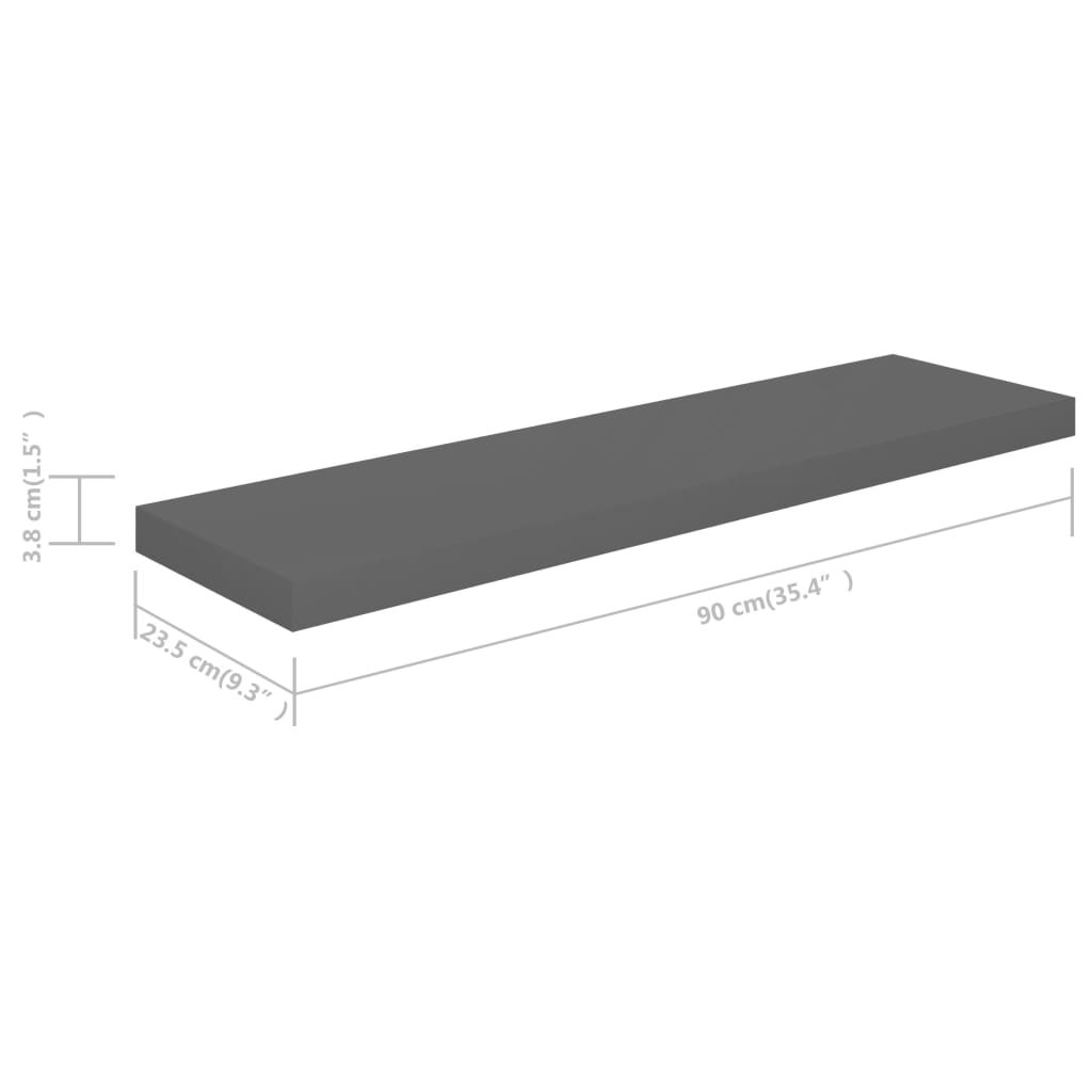 vidaXL Floating Wall Shelves 2 pcs High Gloss Grey 90x23.5x3.8 cm MDF