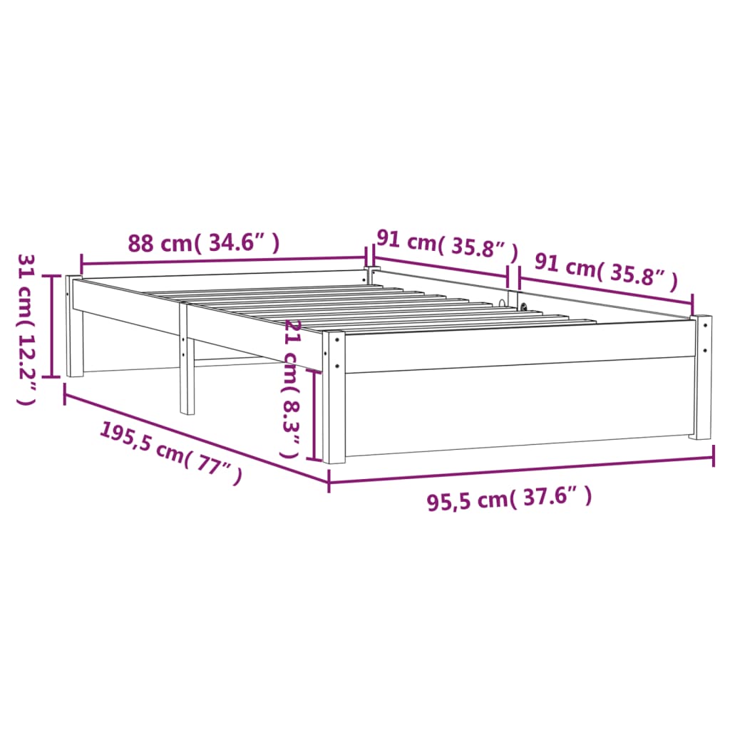 vidaXL Bed Frame Solid Wood 90x190 cm Single