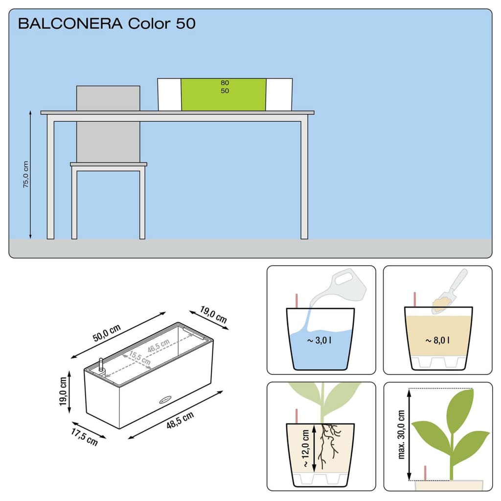 LECHUZA Planter Balconera Color 50 ALL-IN-ONE White 15670