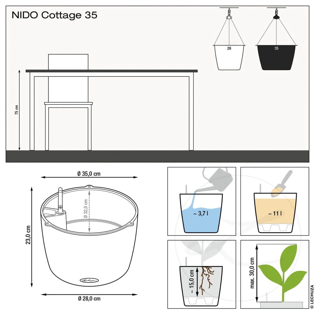 LECHUZA Hanging Planter NIDO Cottage 35 ALL-IN-ONE Graphite Black