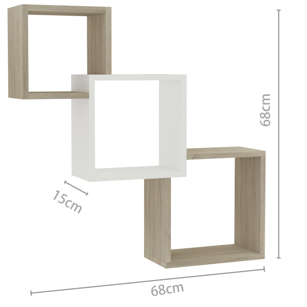 vidaXL Cube Wall Shelf White and Sonoma Oak 68x15x68 cm Engineered Wood