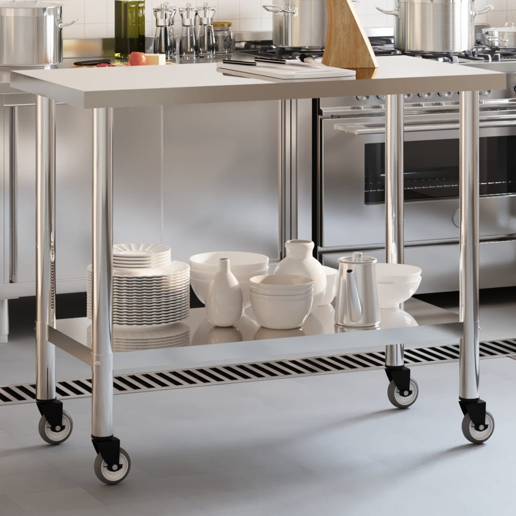 vidaXL Kitchen Work Table with Wheels 110x55x85 cm Stainless Steel