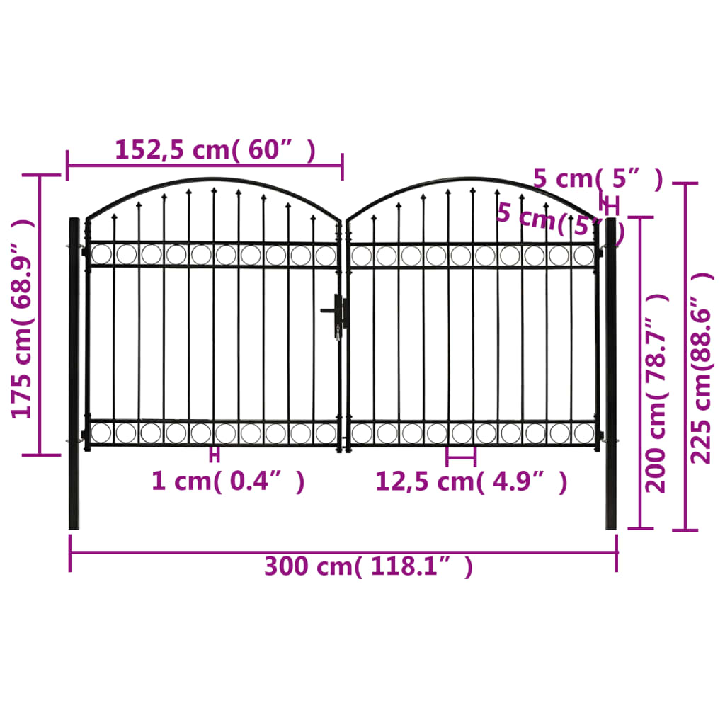 vidaXL Fence Gate Double Door with Arched Top Steel 300x175 cm Black