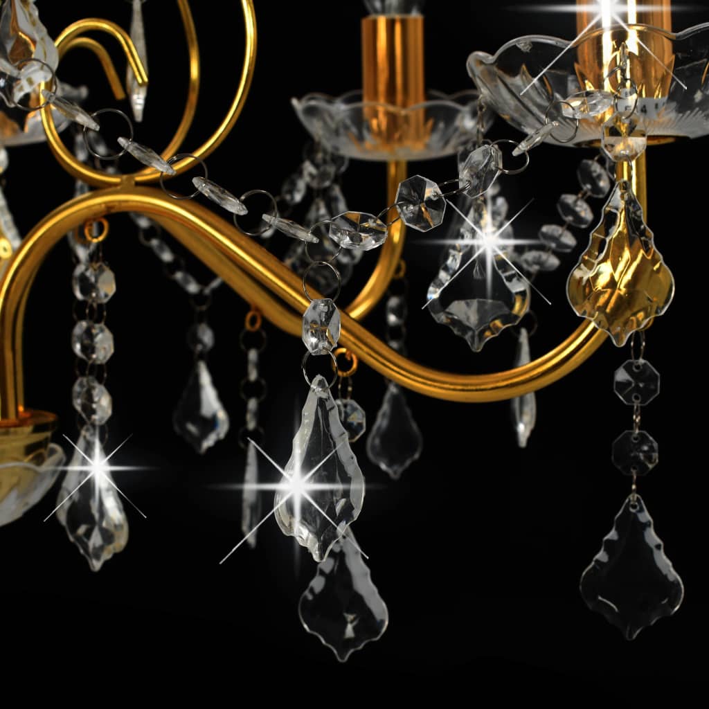 vidaXL Chandelier with Crystal Beads Golden Round 6 x E14