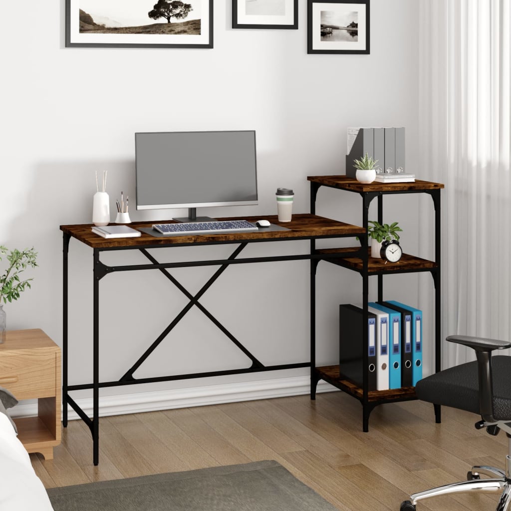 vidaXL Desk with Shelves Smoked Oak 135x50x90 cm Engineered Wood&Iron