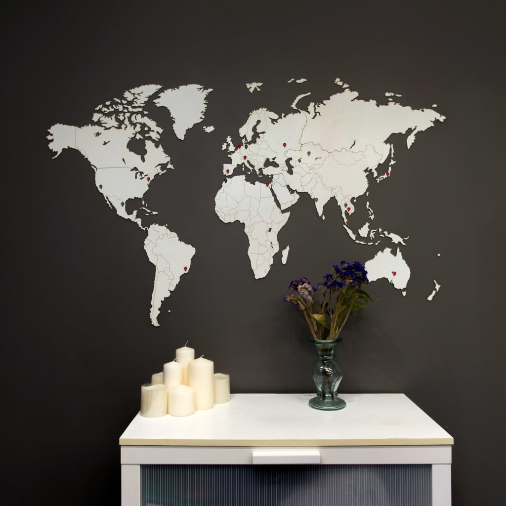 MiMi Innovations Wooden World Map Wall Decoration Luxury White 130x78 cm