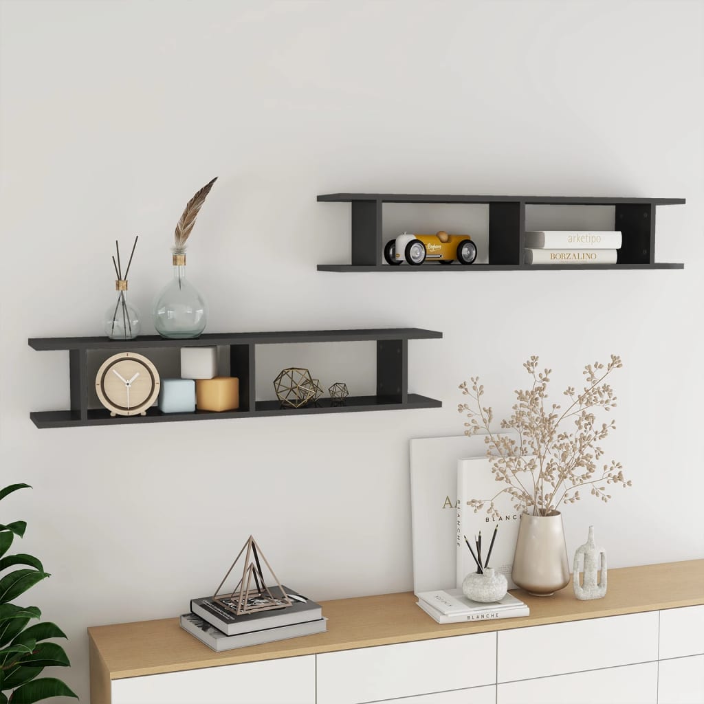 vidaXL Wall Shelf 2pcs High Gloss Grey 105x18x20cm Engineered Wood