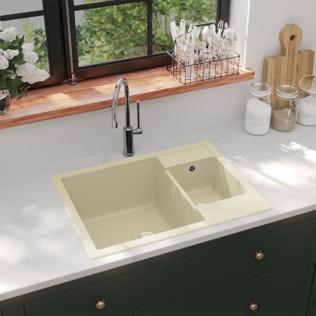 vidaXL Kitchen Sink with Overflow Hole Double Basins Beige Granite