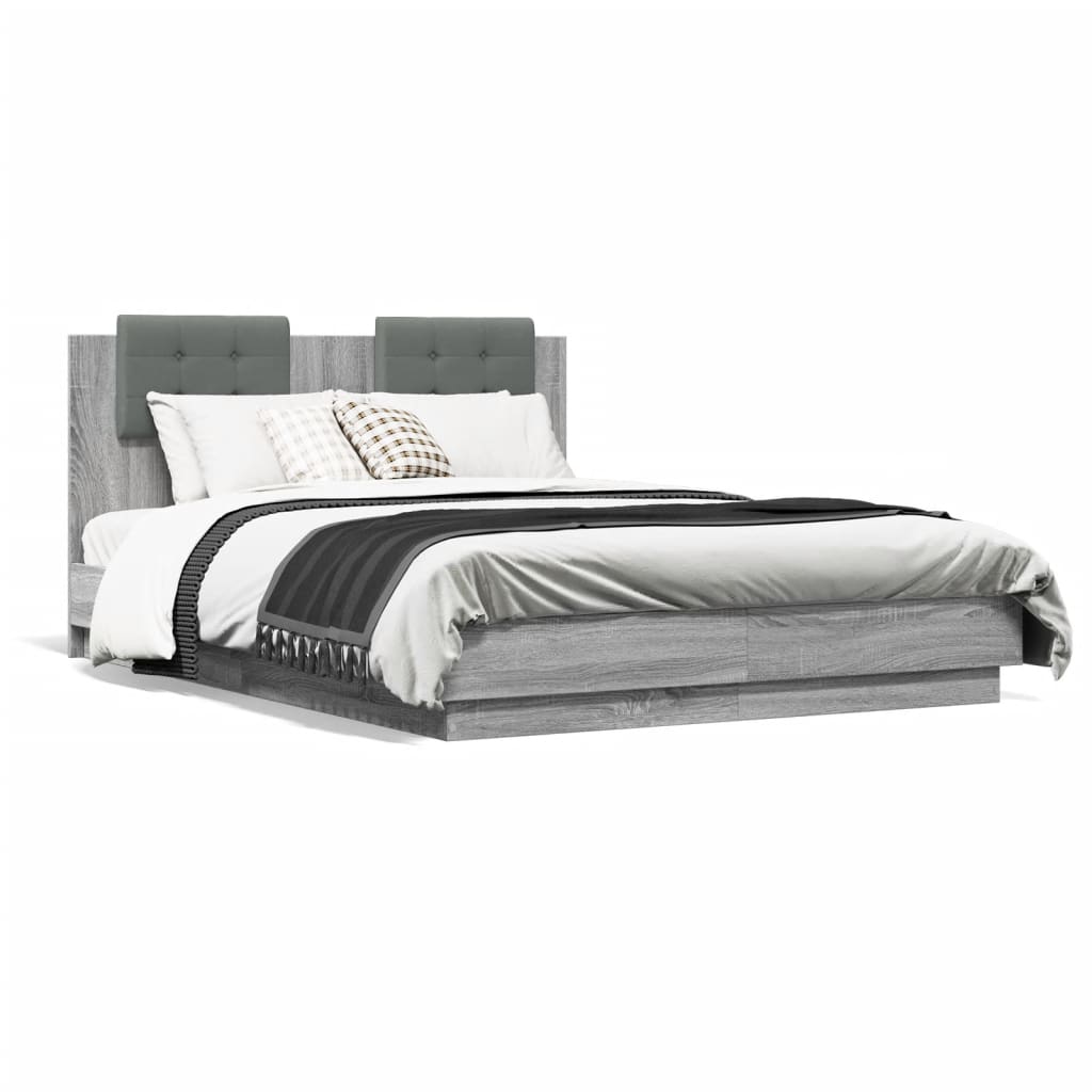 vidaXL Bed Frame with Headboard and LED Lights Grey Sonoma 140x190 cm