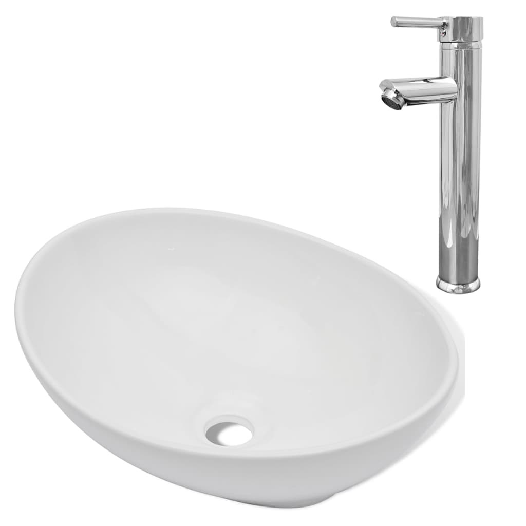 vidaXL Bathroom Basin with Mixer Tap Ceramic Oval White