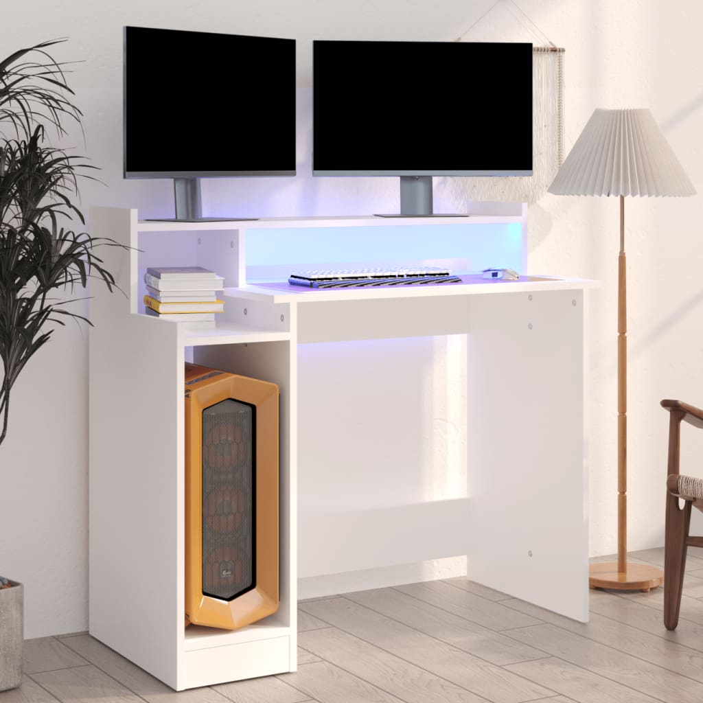vidaXL Desk with LED Lights White 97x45x90 cm Engineered Wood