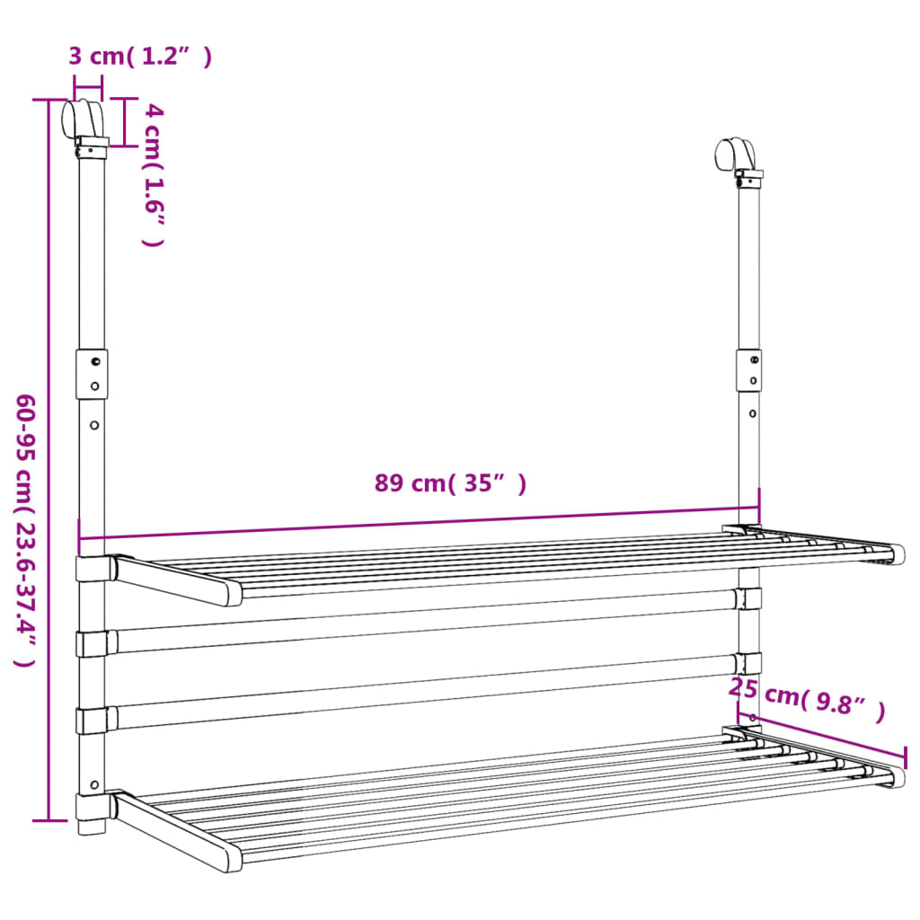 vidaXL Drying Rack for Balcony 89x25x(60-95) cm Aluminium