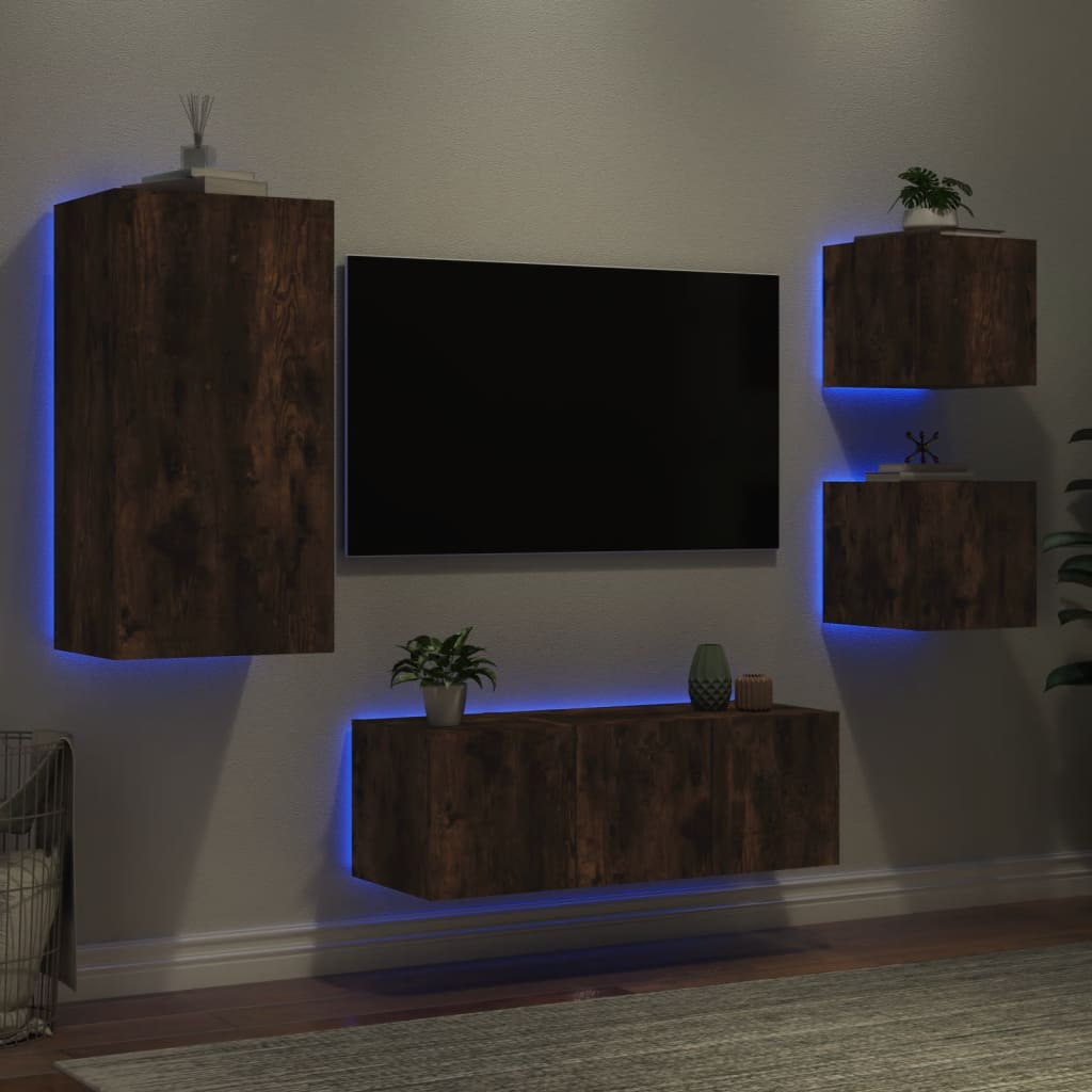 vidaXL 5 Piece TV Wall Units with LED Smoked Oak Engineered Wood